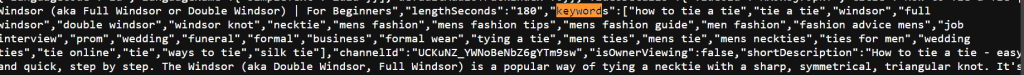 Keywords from video source code